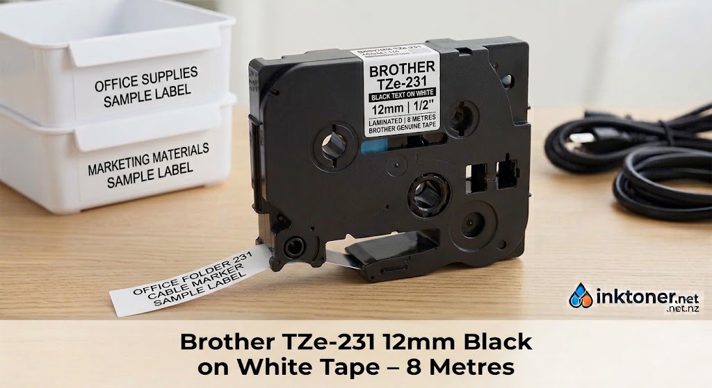 Brother TZe-231 12mm Black Text on White Tape – 8 Metres