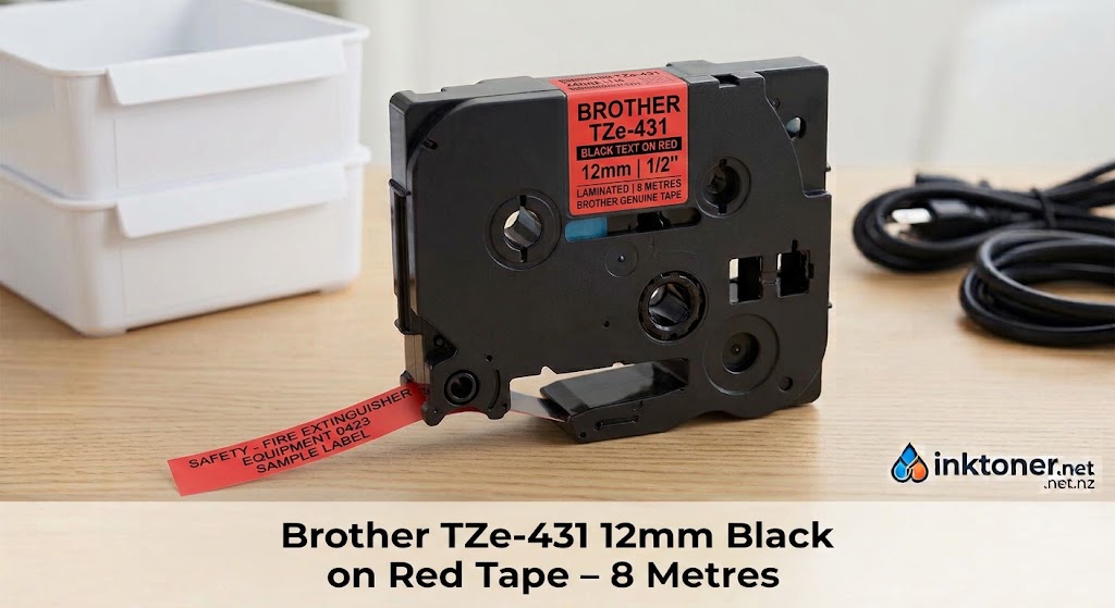 Brother TZe-431 12mm Black on Red Tape – 8 Metres